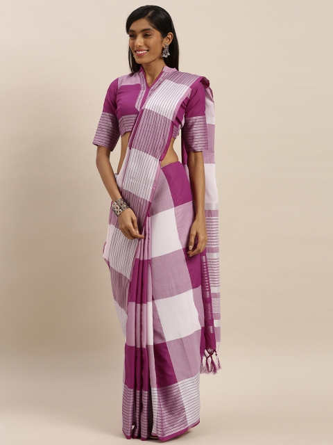 

KALINI Purple & White Polycotton Checked Mysore Silk Saree