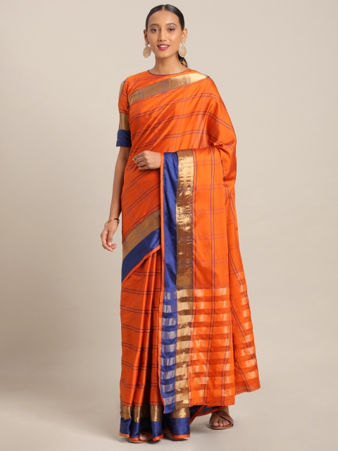 

KALINI Orange & Navy Blue Polycotton Striped Mysore Silk Saree