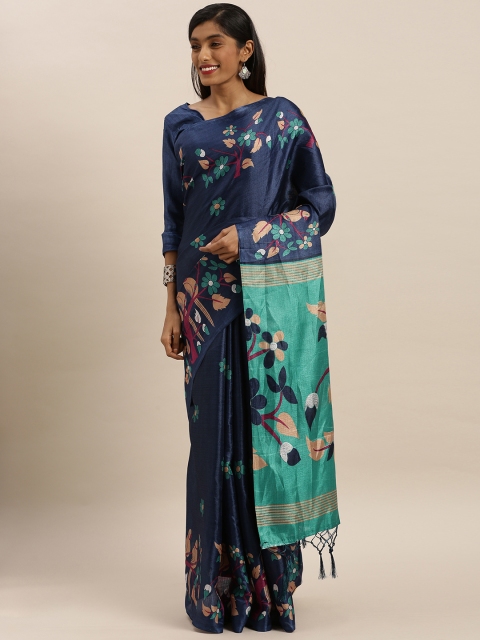 

KALINI Navy Blue & Teal Green Polycotton Printed Mysore Silk Saree