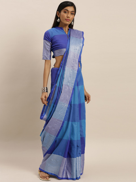 

KALINI Blue Polycotton Striped Mysore Silk Saree