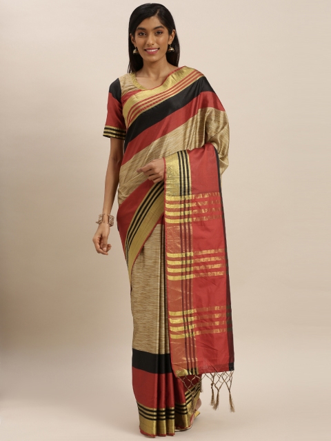 

KALINI Beige & Red Polycotton Solid Mysore Silk Saree