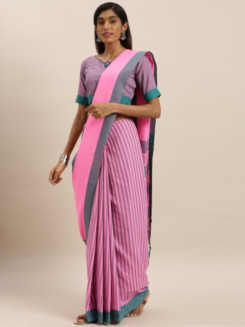 

KALINI Pink & Green Polycotton Striped Mysore Silk Saree