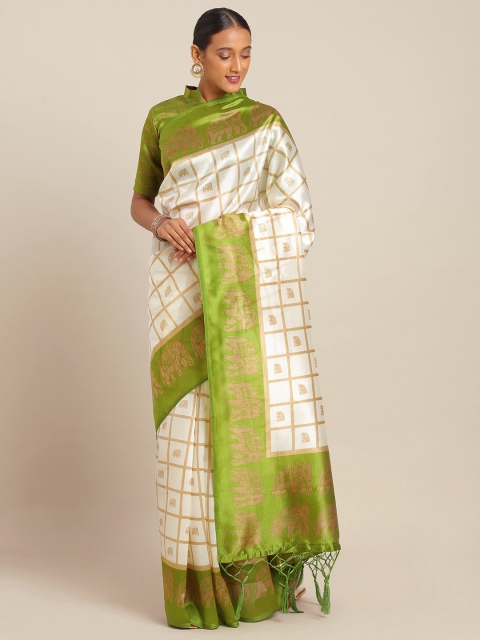 

KALINI Off-White & Olive Green Polycotton Woven Design Mysore Silk Saree