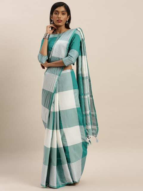 

KALINI White & Green Polycotton Checked Mysore Silk Saree