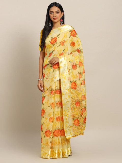 

KALINI Yellow & Orange Linen Blend Woven Design Mysore Silk Saree