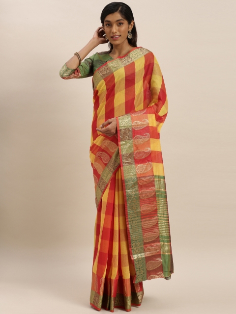 

KALINI Red & Yellow Polycotton Checked Mysore Silk Saree