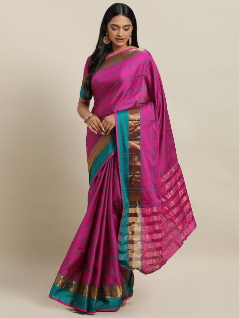 

KALINI Pink & Teal Green Polycotton Checked Mysore Silk Saree