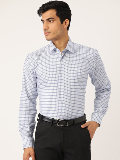 

Hancock Men White & Blue Slim Fit Checked Formal Shirt