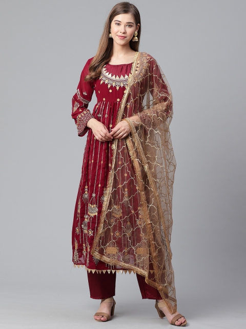 

Ishin Women Maroon & Golden Ethnic Embroidered Kurta with Palazzos & Dupatta