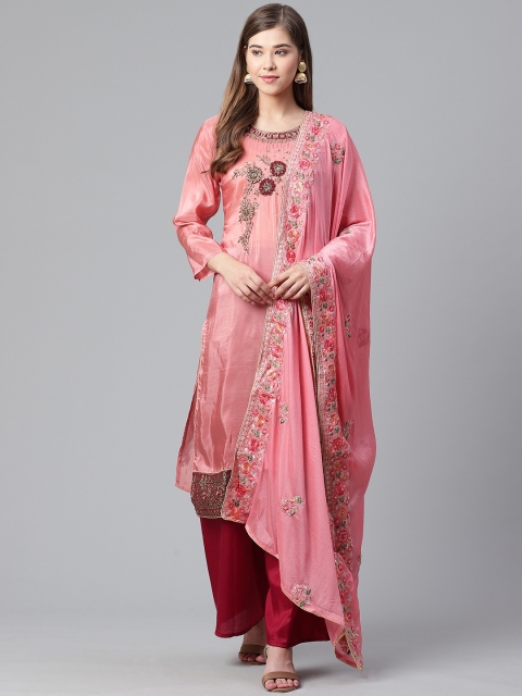 

Ishin Women Peach-Coloured & Red Floral Embroidered Kurta with Palazzos & Dupatta