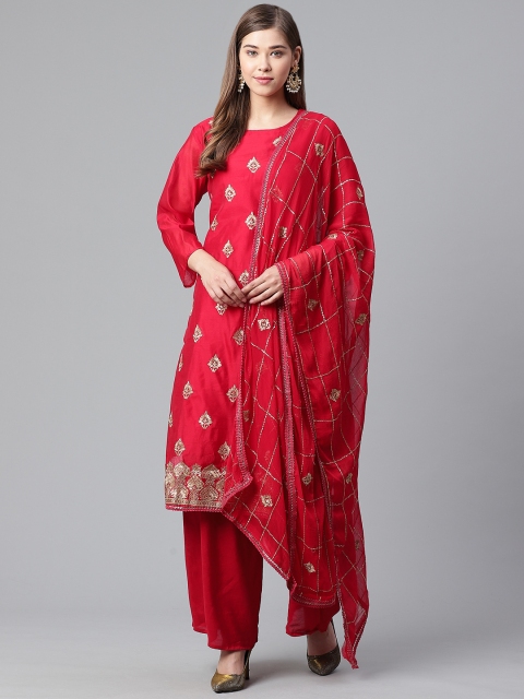 

Ishin Women Red & Golden Ethnic Embroidered Kurta with Palazzos & Dupatta