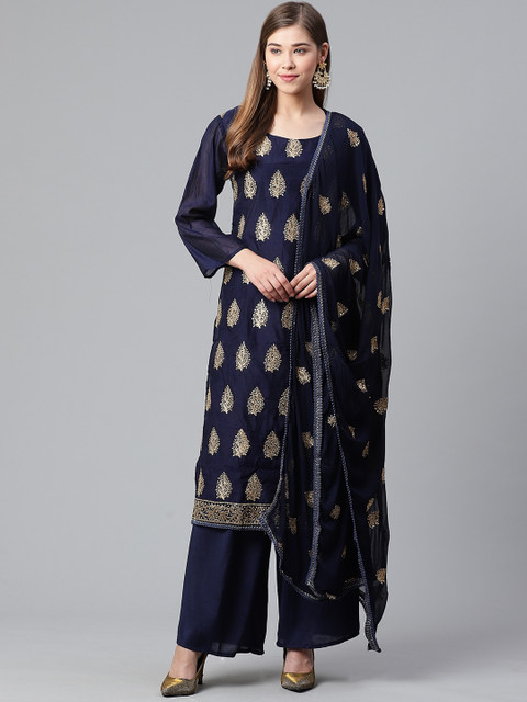 

Ishin Women Navy Blue & Golden Ethnic Embroidered Kurta with Palazzos & Dupatta