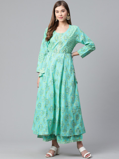 

Ishin Women Sea Green Block Print Kurta with Palazzos