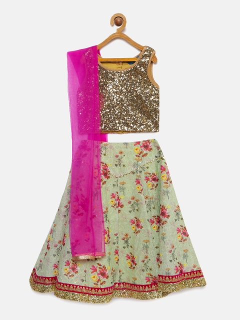 

Lil Peacock Girls Green & Gold-Toned Embellished Ready to Wear Lehenga & Blouse with Dupatta