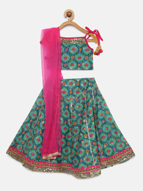 

Lil Peacock Girls Green & Blue Printed Ready to Wear Lehenga & Blouse with Dupatta