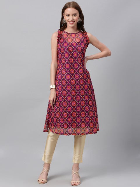 

EthnoVogue Women Purple & Beige Printed Made To Measure Kurta with Trousers