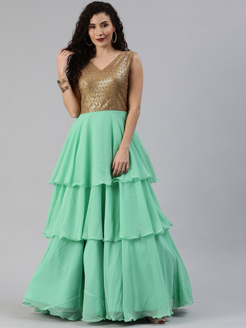 

EthnoVogue Women Green Embellished Made to Measure Sequinned & Layered Maxi Dress