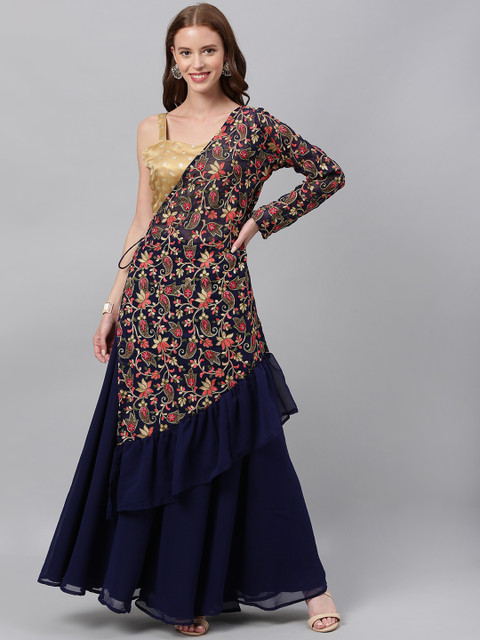

Bollywood Vogue Women Beige & Navy Blue Printed Made to Measure Top & Jacket with Palazzos