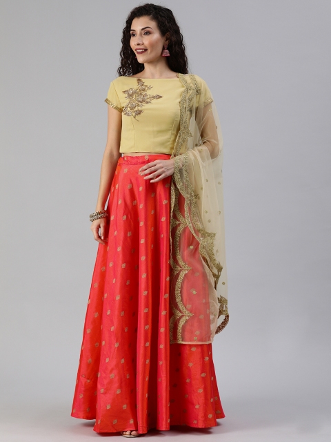 

EthnoVogue Beige & Orange Embroidered Made to Measure Lehenga & Blouse with Dupatta