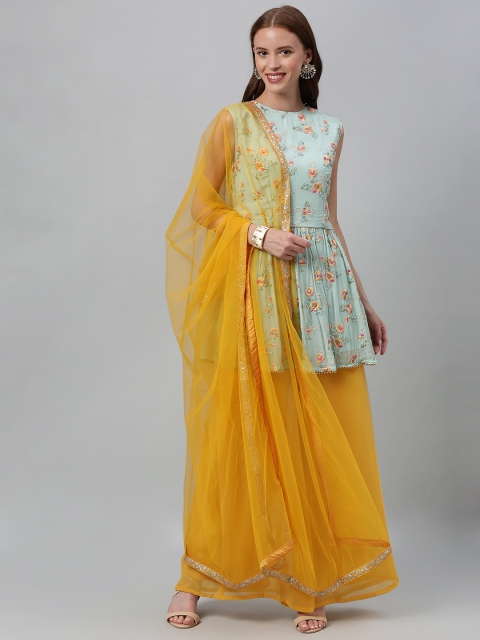 

Bollywood Vogue Women Blue & Mustard Yellow Embroidered Made to Measure Kurta Set