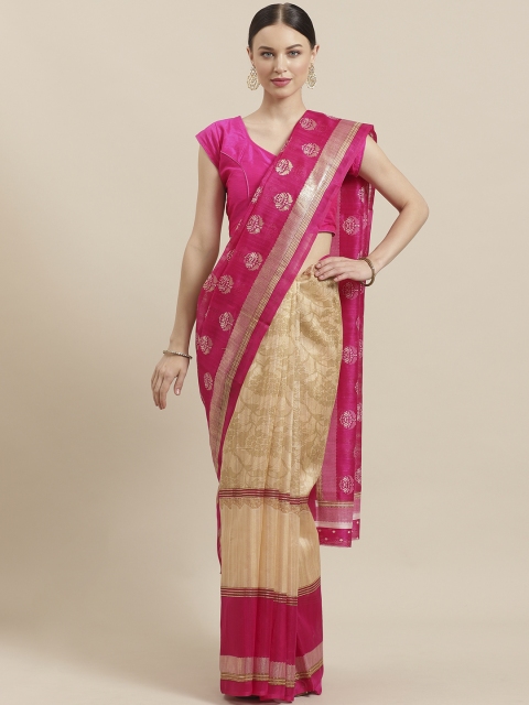

KALINI Beige & Pink Printed Half & Half Mysore Silk Saree