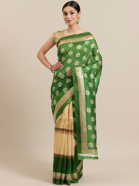 

KALINI Green & Beige Printed Half & Half Mysore Silk Saree