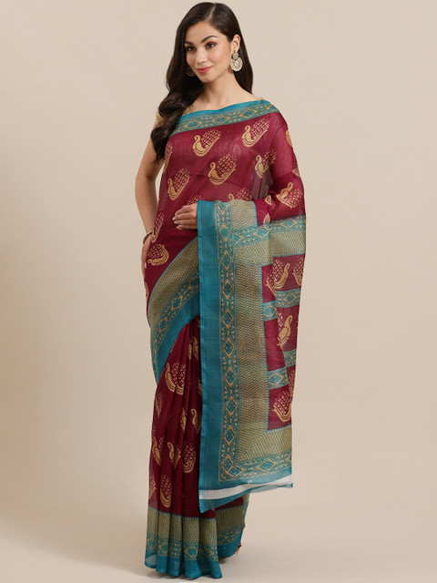 

KALINI Burgundy & Beige Printed Mysore Silk Saree