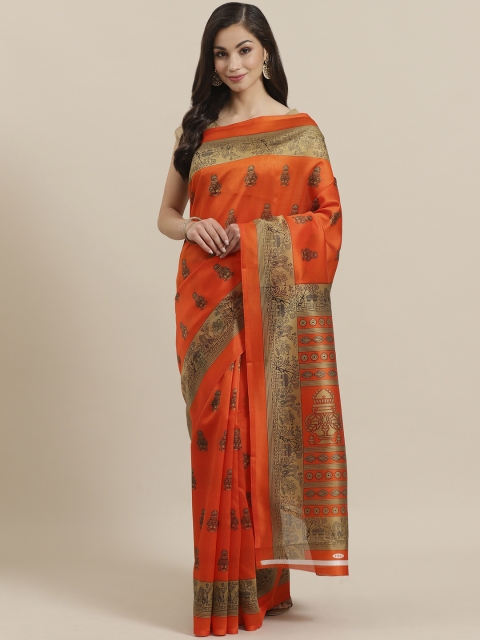 

KALINI Orange & Beige Printed Mysore Silk Saree