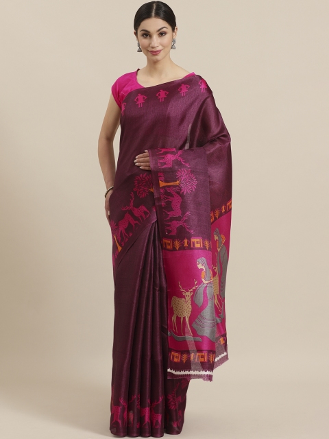 

KALINI Burgundy & Pink Solid Mysore Silk Saree