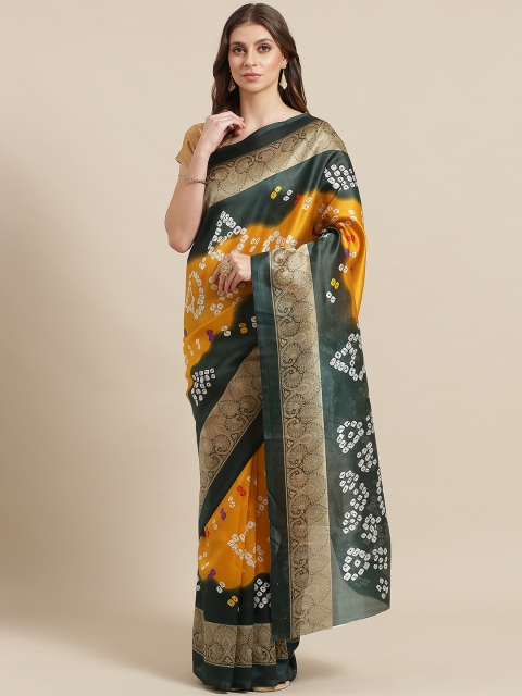 

KALINI Mustard Yellow & Green Bandhani Printed Mysore Silk Saree