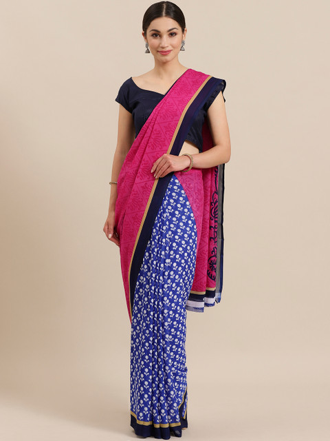 

KALINI Pink & Blue Half & Half Printed Saree