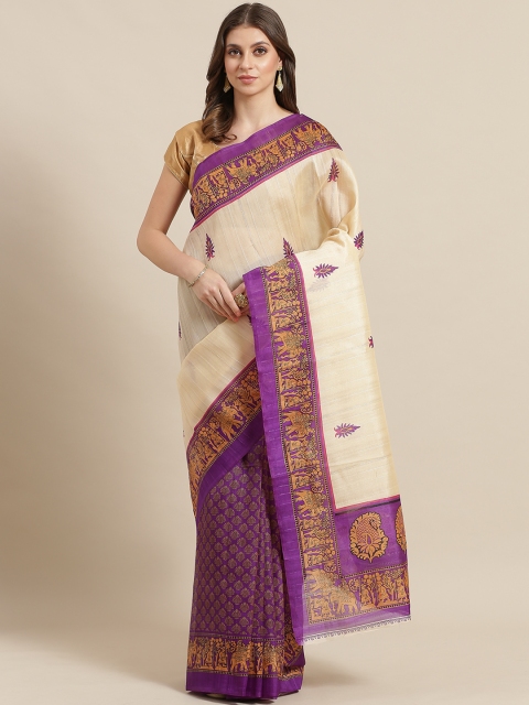

KALINI Off-White & Purple Printed Half & Half Mysore Silk Saree