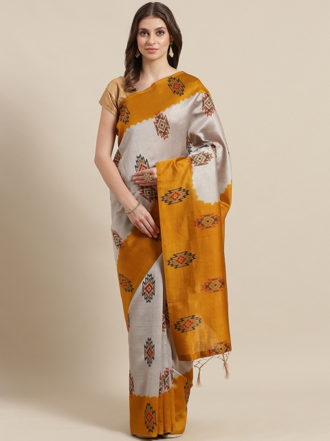 

KALINI Taupe & Mustard Yellow Printed Mysore Silk Saree