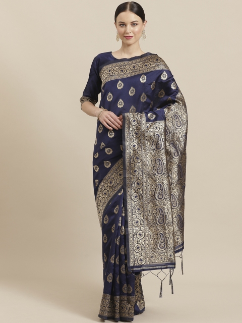 

Saree mall Navy Blue & Golden Silk Blend Woven Design Banarasi Saree