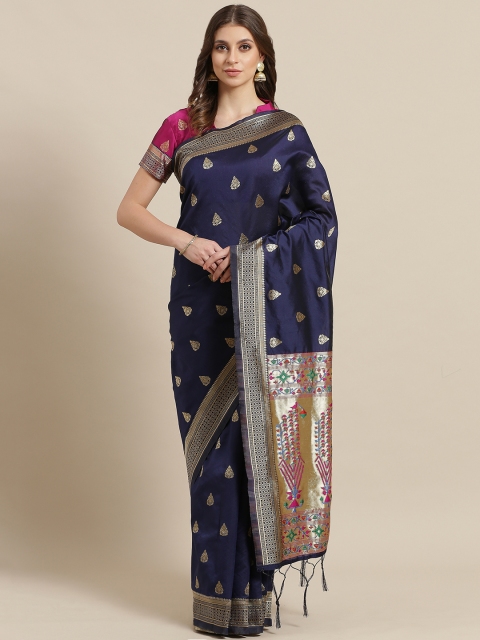 

Saree mall Navy Blue & Golden Woven Design Banarasi Saree