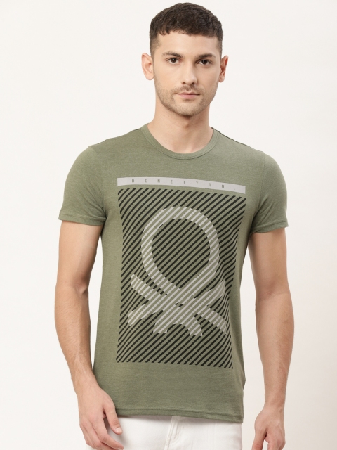 

United Colors of Benetton Men Olive Green & Black Brand Logo Print T-Shirt