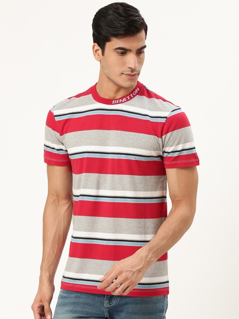 

United Colors of Benetton Men Grey Melange & Red Striped Round Neck T-shirt
