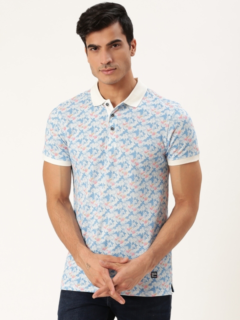 

United Colors of Benetton Men White & Blue Printed Polo Collar T-shirt