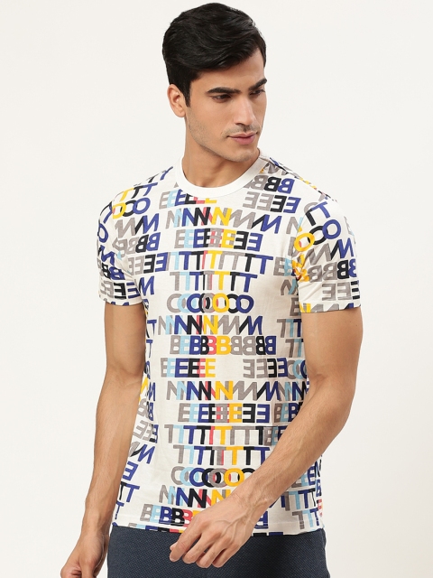 

United Colors of Benetton Men White & Blue Brand Logo Print Round Neck T-shirt