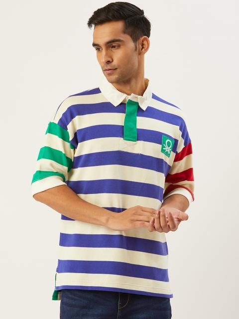 

United Colors of Benetton Men Cream-Coloured & Purple Striped Polo Collar T-shirt