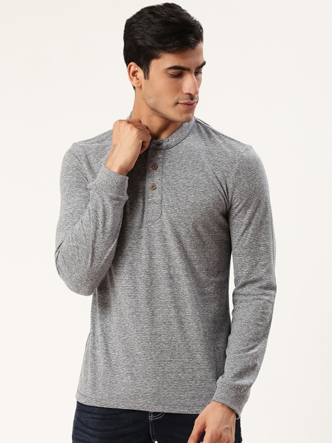 

United Colors of Benetton Men Grey Melange Self Design Mandarin Collar T-shirt