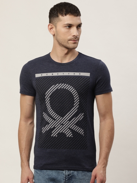 

United Colors of Benetton Men Navy Blue & Grey Brand Logo Printed Round Neck T-shirt