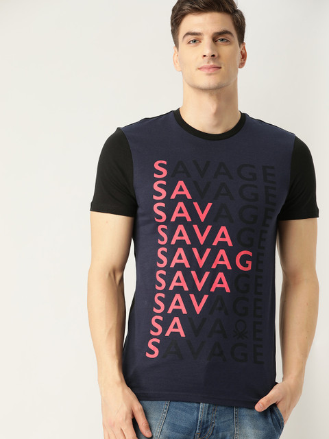 

United Colors of Benetton Men Navy Blue & Pink Printed Round Neck T-shirt