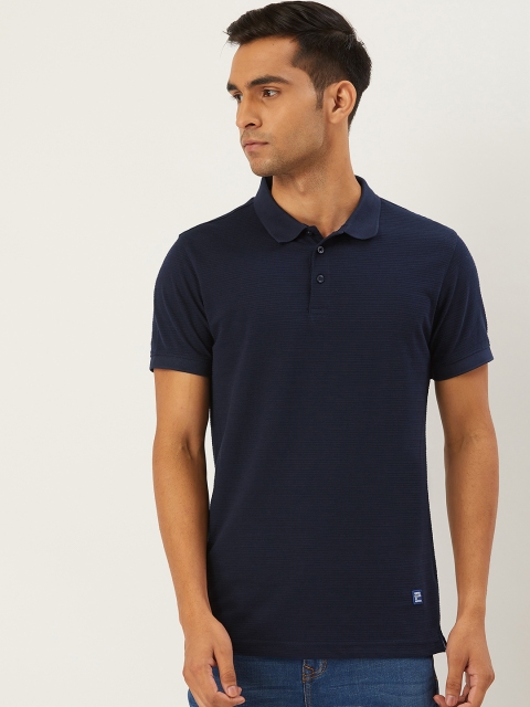 

United Colors of Benetton Men Navy Blue Self Striped Polo Collar T-shirt