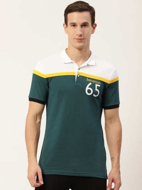 

United Colors of Benetton Men Green & White Colourblocked Polo Collar T-shirt