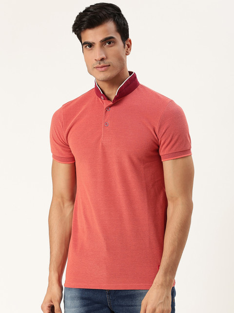 

United Colors of Benetton Men Coral Orange Solid Stand Collar T-shirt