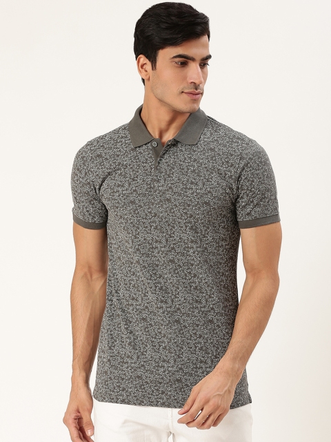 

United Colors of Benetton Men Charcoal Grey & White Printed Polo Collar T-shirt