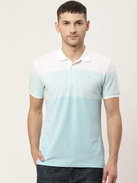 

United Colors of Benetton Blue & White Colourblocked Polo Collar T-Shirt
