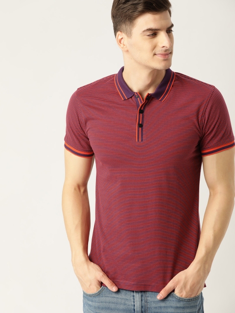 

United Colors of Benetton Men Orange & Purple Striped Polo Collar T-shirt