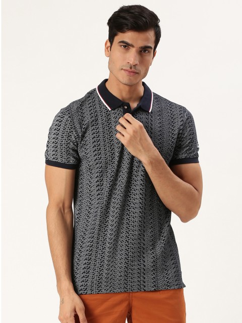 

United Colors of Benetton Men Navy Blue & White Brand Logo Print Polo Collar T-shirt
